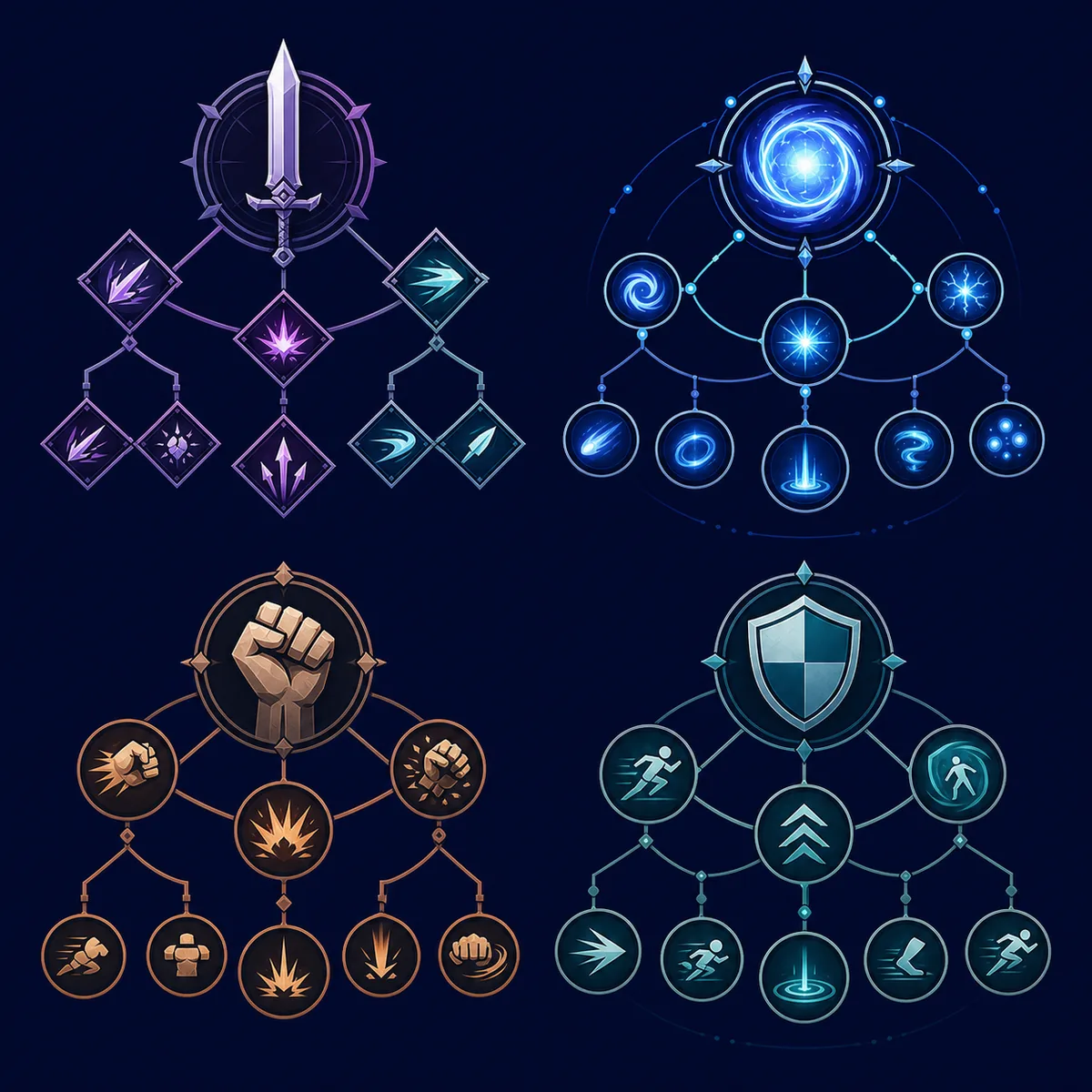 Editorial comparison graphic showing four different VV Ultimatum allocation paths with weapon, spell, fist, shield and movement symbols