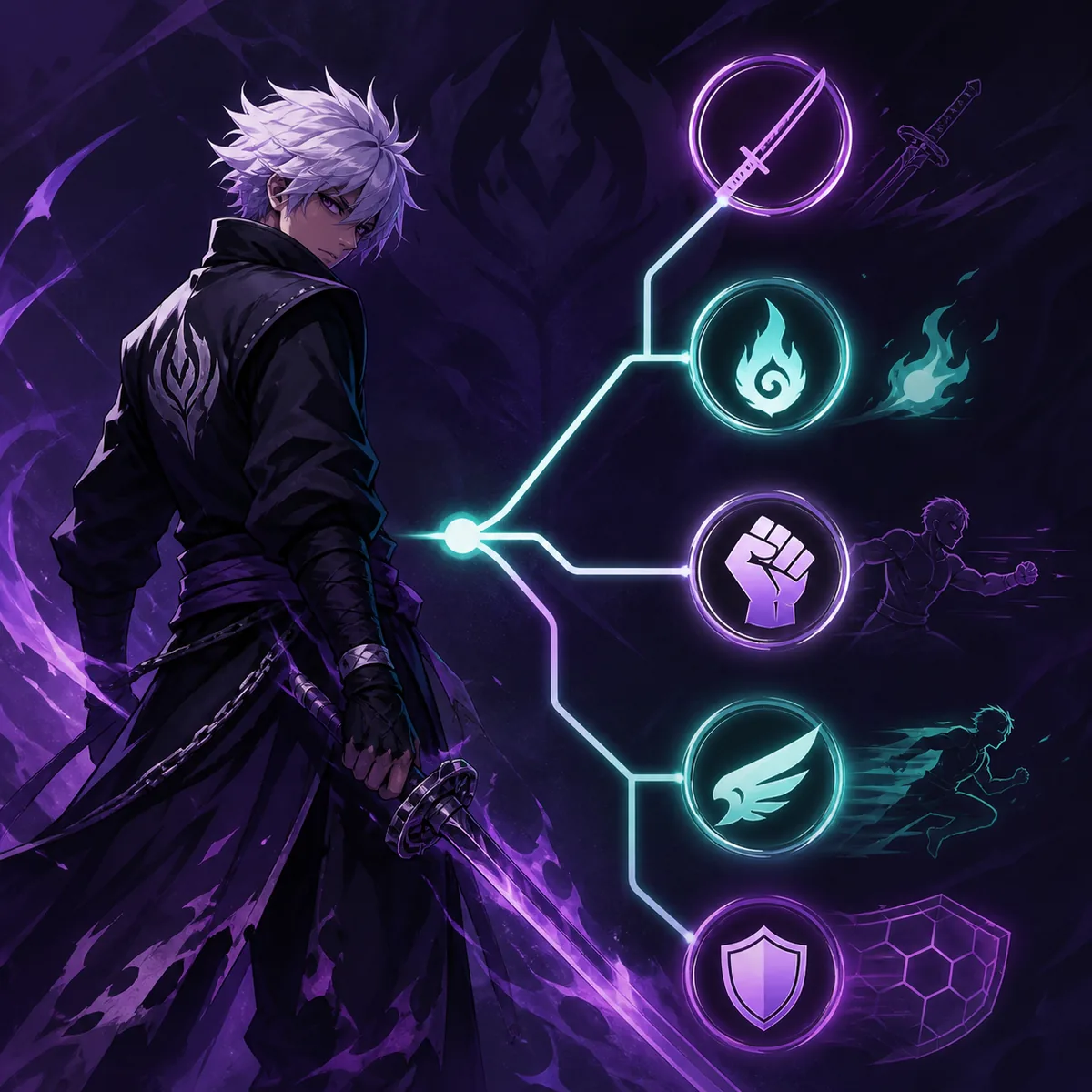 Editorial concept illustration of a VV Ultimatum character choosing between weapon, Kido, Hakuda, mobility and defense paths