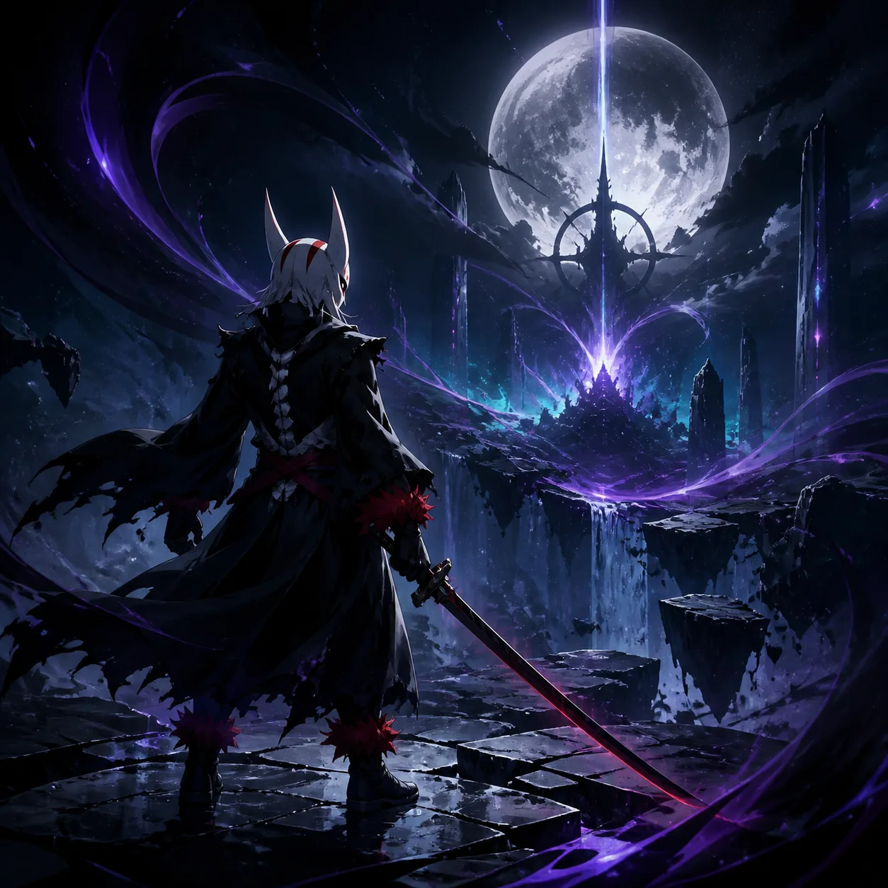 Editorial concept illustration of a masked Hollow warrior approaching a glowing Inner World in VV Ultimatum