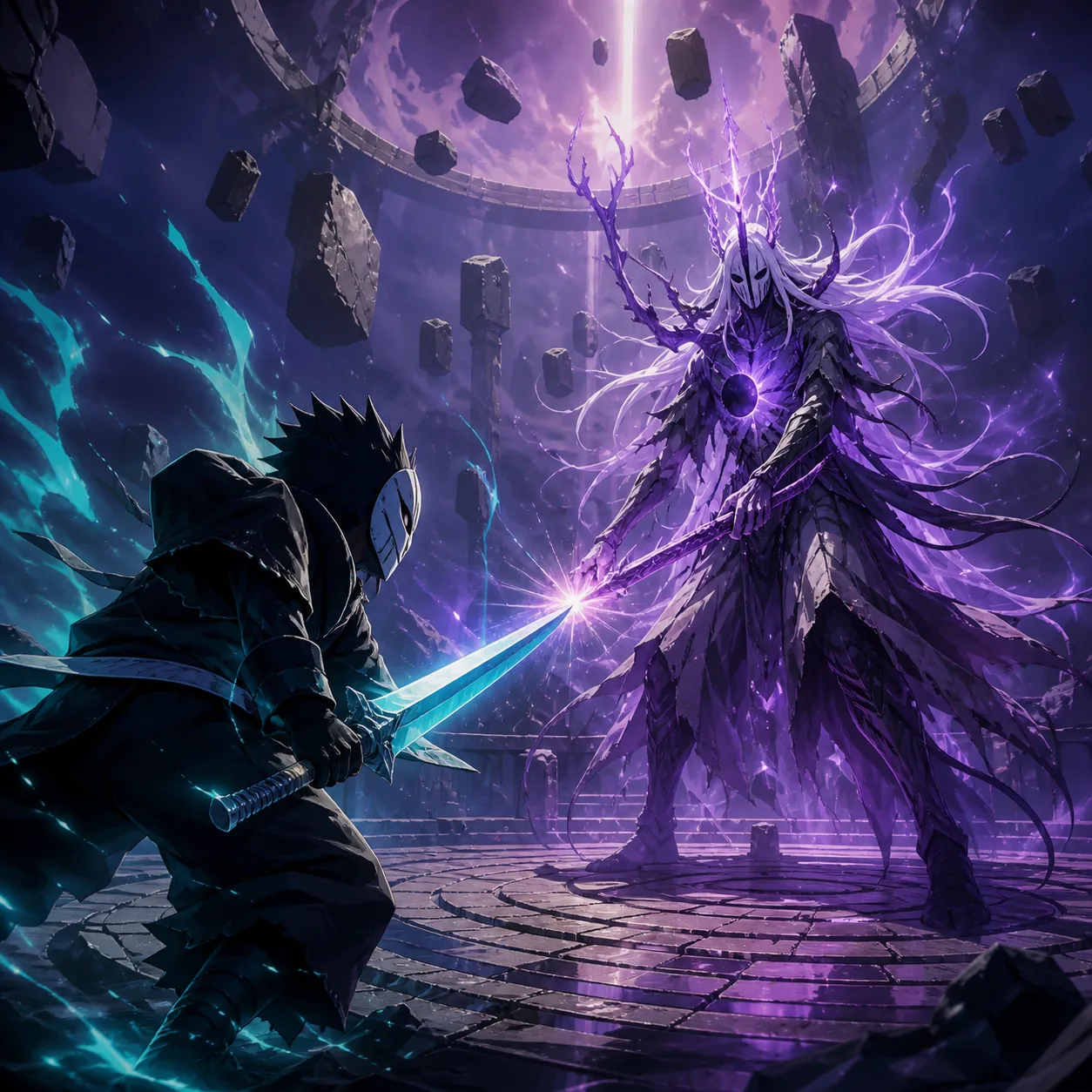 Editorial concept illustration of a masked fighter facing an original Hollow in a glowing Inner World arena