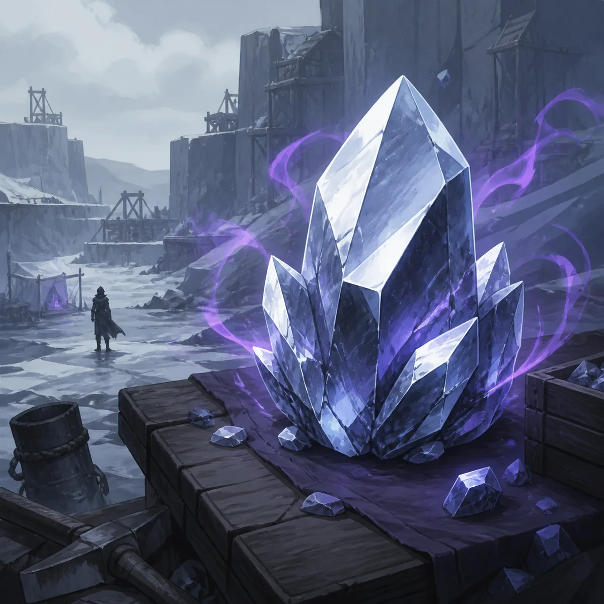 Editorial illustration of a silver-blue Spirit Alloy crystal in a cold VV Ultimatum mining area