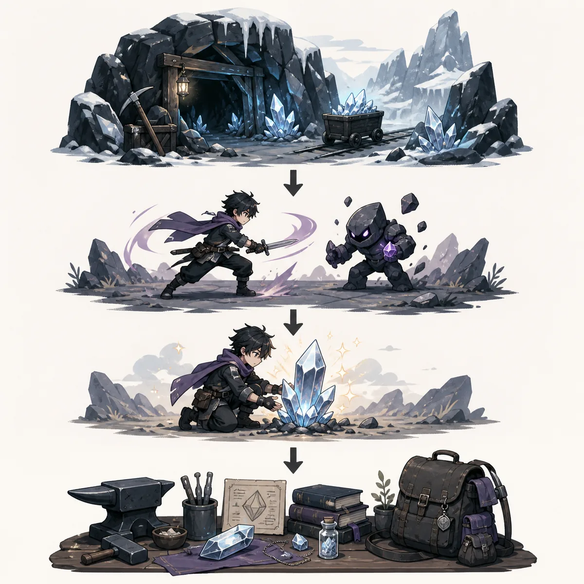 Editorial four-stage illustration showing a mining area, combat, collecting Spirit Alloy, and checking a crafting station