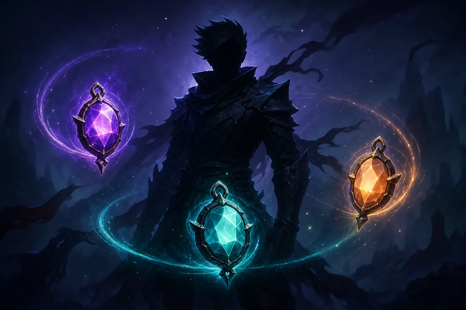 Editorial illustration of glowing Spirit Charms around a fantasy Roblox-inspired character silhouette