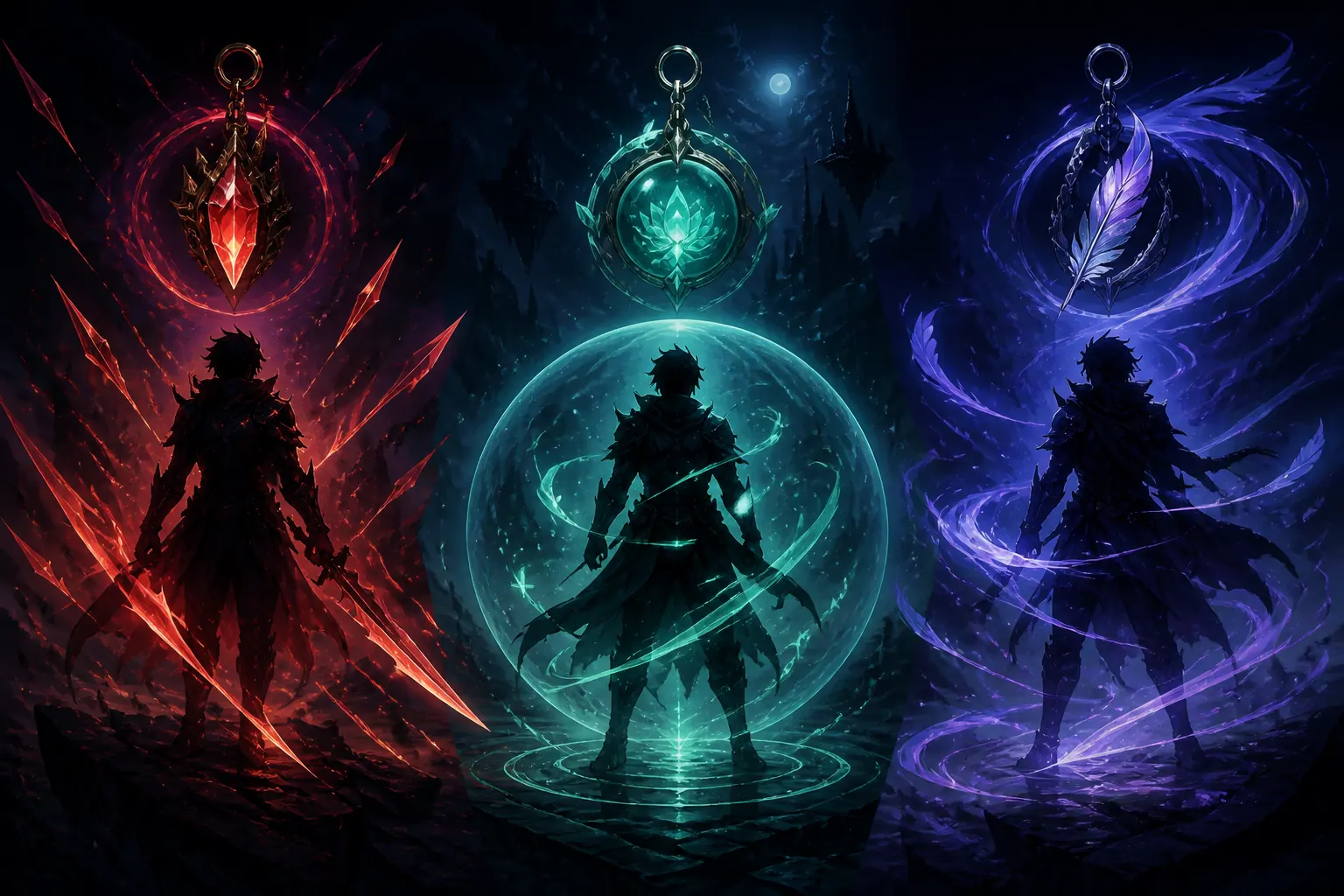 Editorial comparison illustration showing focused damage, defensive progression and flexible Spirit Charm choices