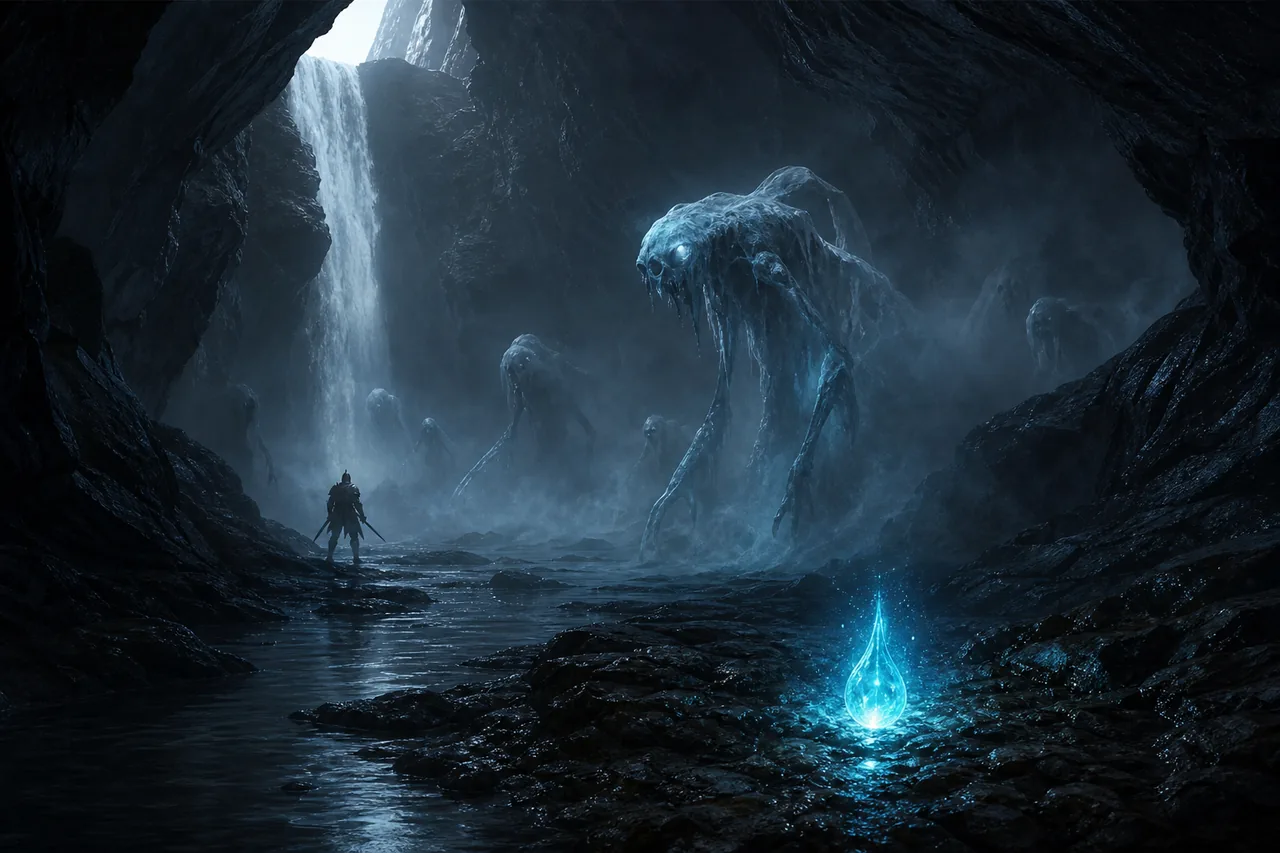 Redaktionelle Illustration hellblauer Geistergegner und einer leuchtenden Strange Essence in einer Wasserfallhöhle